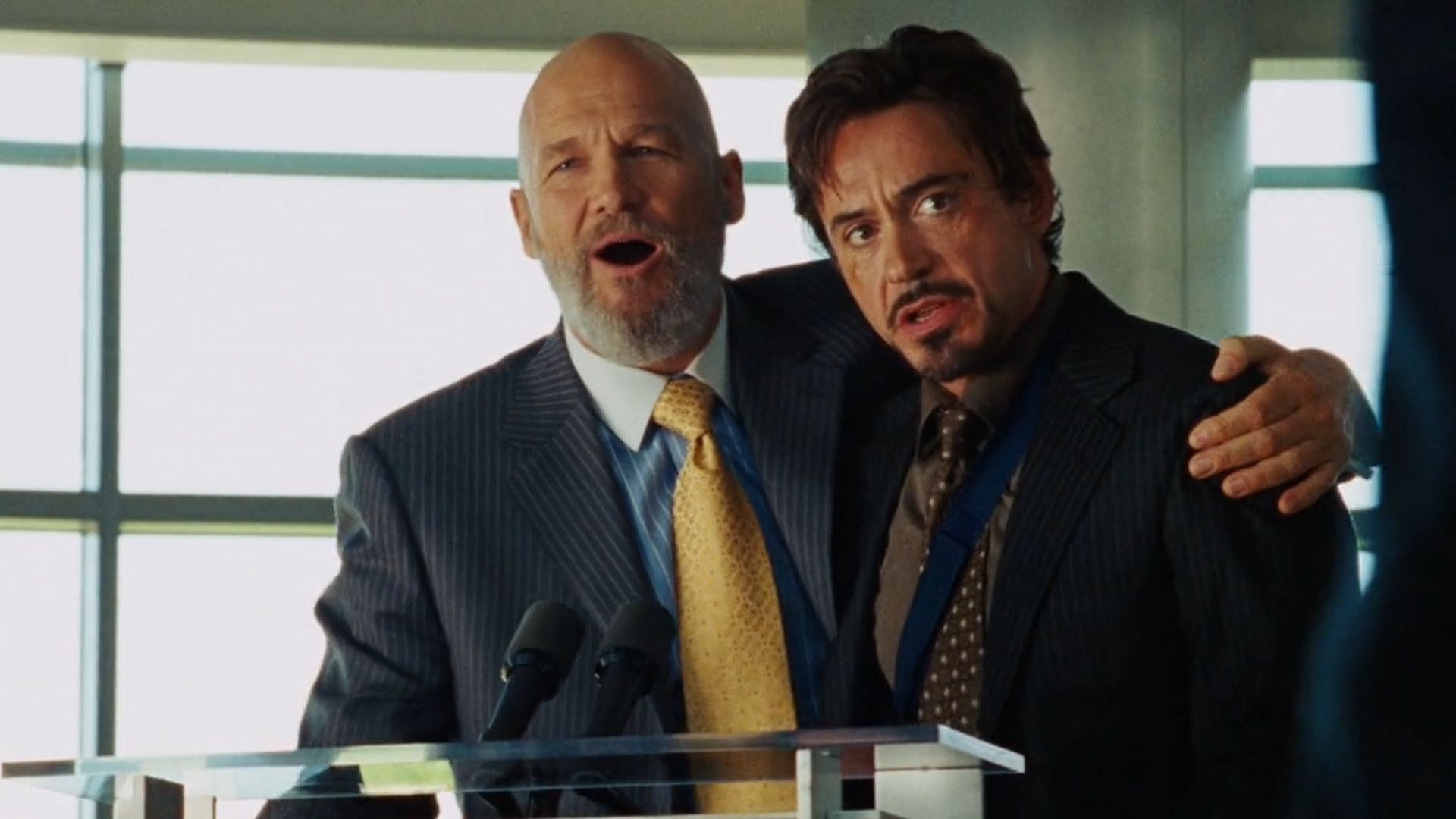 Obadiah Stane and Tony Stark in Iron Man (Image via Disney+)